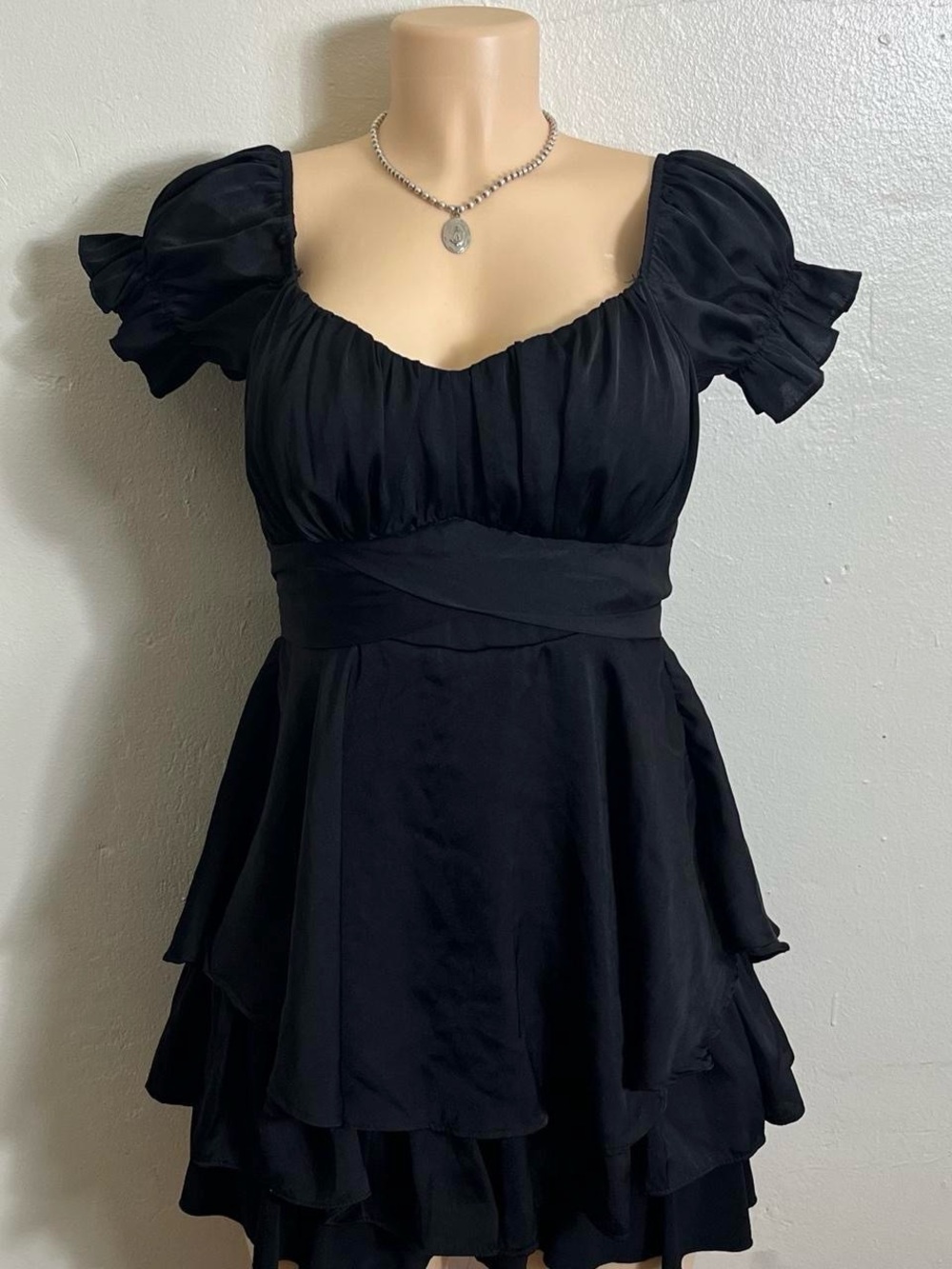 Black Puff-Sleeve Tiered Mini Blouse Dress - Unbranded
